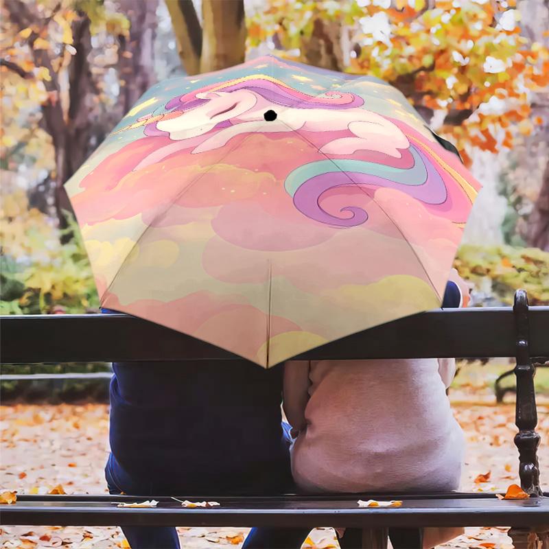 Unicorn Rainbow Magic Folding Umbrella Suitable For All Seasons Durable Light Sun Umbrella Three Folds