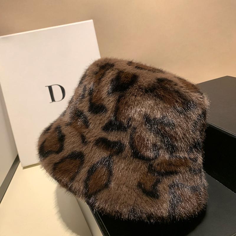 Leopard Print Fisherman Hat For Women, Autumn And Winter Plush Thick Warm Basin Hat, Fashionable Ear Protection Bucket Hat