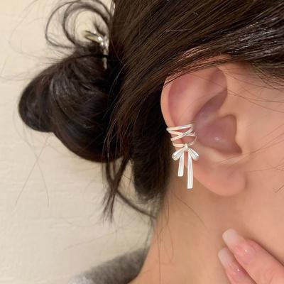 925 Silver Bow Knot Ear Clip for Women Ribbon Ballet Style Sweet Jewelry Gift