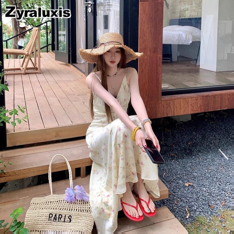 French Vacation Style Off-Shoulder Floral Sundress for Women Summer Ruched Slimming A-Line Dress Romantic Strap Maxi Dress