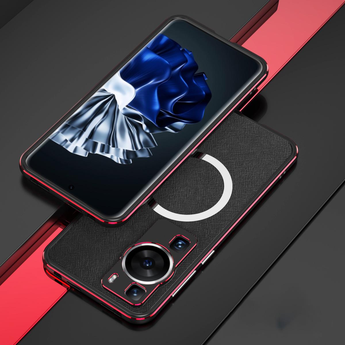 

For Huawei P60/P60 Pro Magnetic Phone Case PU Leather+Metal Frame Cover with Camera Lens Protector Black+Red