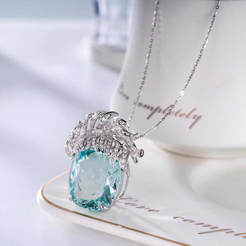 2022 New Trendy Necklaces For Women copper Color Zircon Feathers Oval Aquamarine Stone Pendant Engagement Fine Neck Accessories