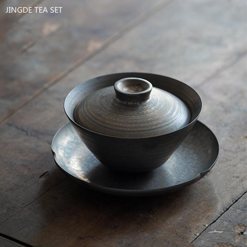 140ml Retro Coarse Pottery Cover Bowl Teacup Tradition Handmade Gaiwan Household Beauty Tea Bowl Chinese Ceramic Tea Infuser