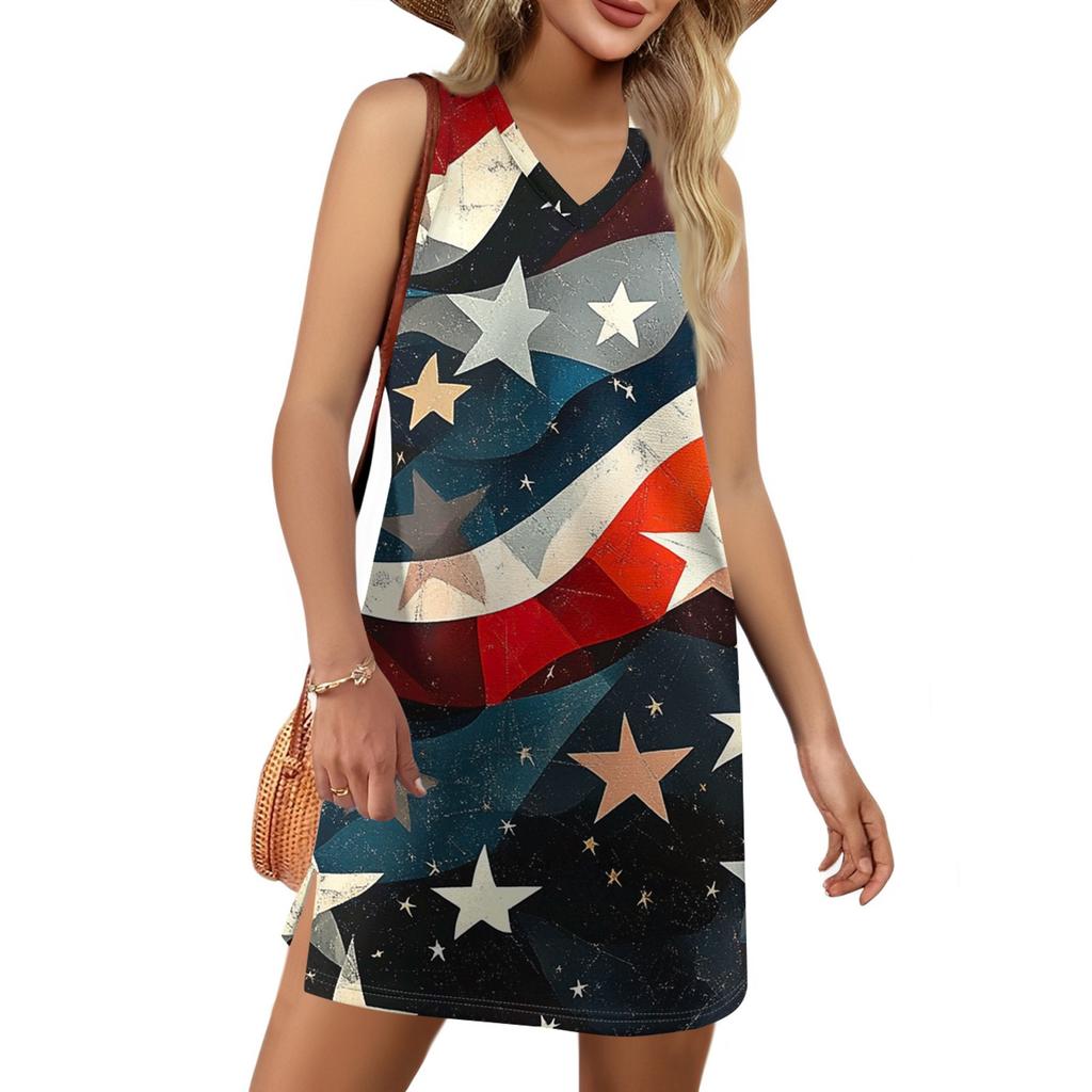 Rochie de vară casual de plajă cu gât în V pentru femei, fără mâneci, cu imprimeu de Ziua Independenței