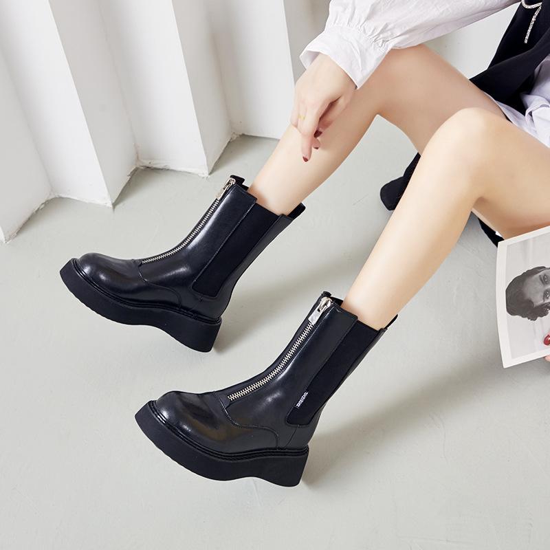 Genuine Leather Women Boots Woman Shoe Fashion Female Breathable Cowhide Bootie Front Zipper Light Black Boots