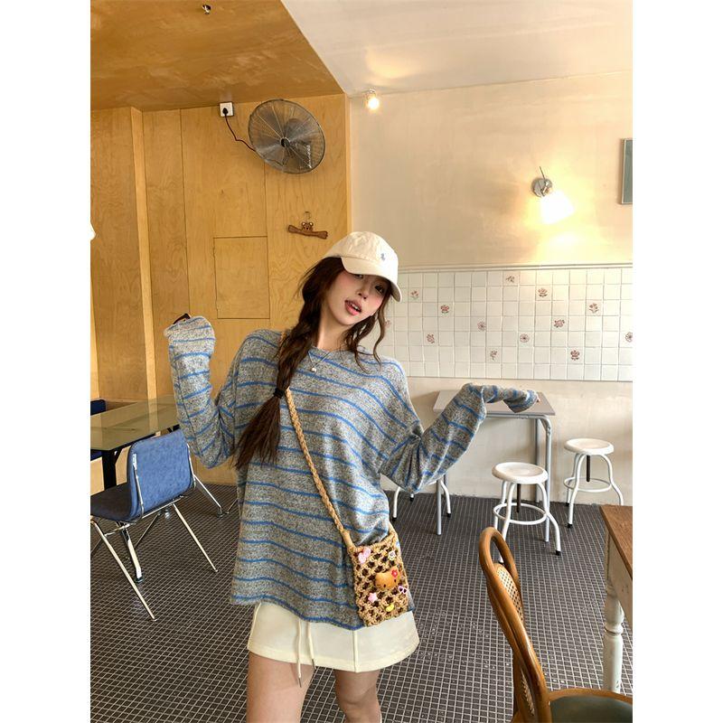 Lazy round Neck Pullover Long Sleeves T-shirt Elegant Bottoming Shirt Women's Autumn Loose Easiest for Match Casual Contrast Color Stripes Tops