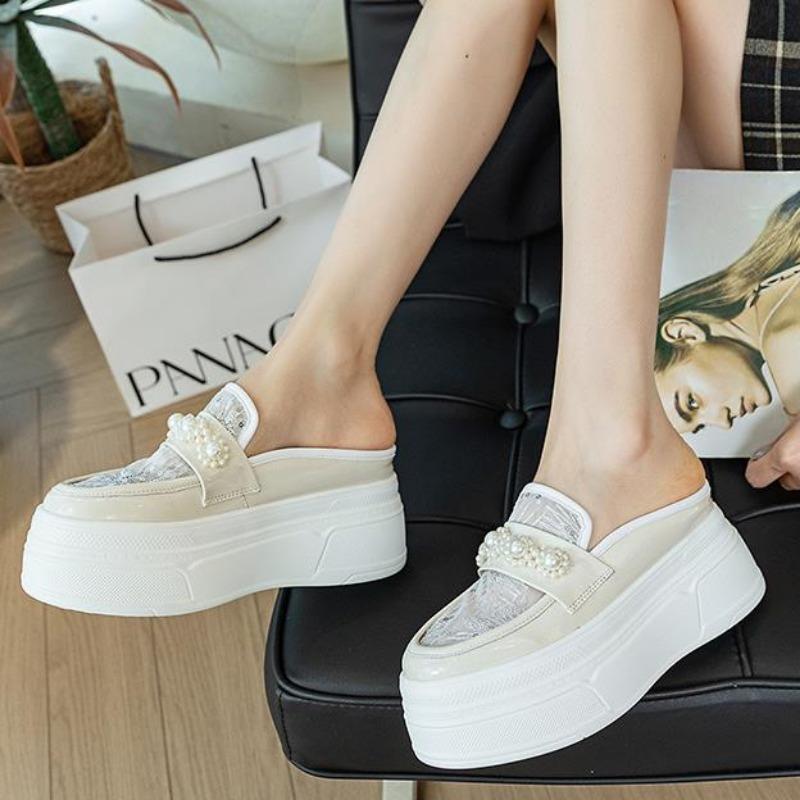 Móda 8,5cm Vzdušná síťovina Syntetická lakovaná kůže Platforma Klínek Pantofle Dámská módní sandál Robustní tenisky ŘÍMSKÉ Lodičky Letní obuv