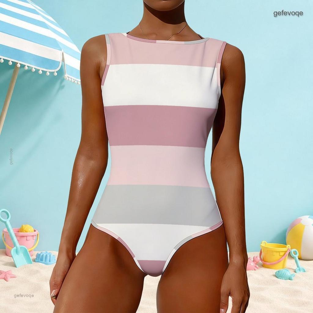 Women Plus Size High Round Neck Sleeveless Striped Printed One Piece Swimsuit Pink White Grey