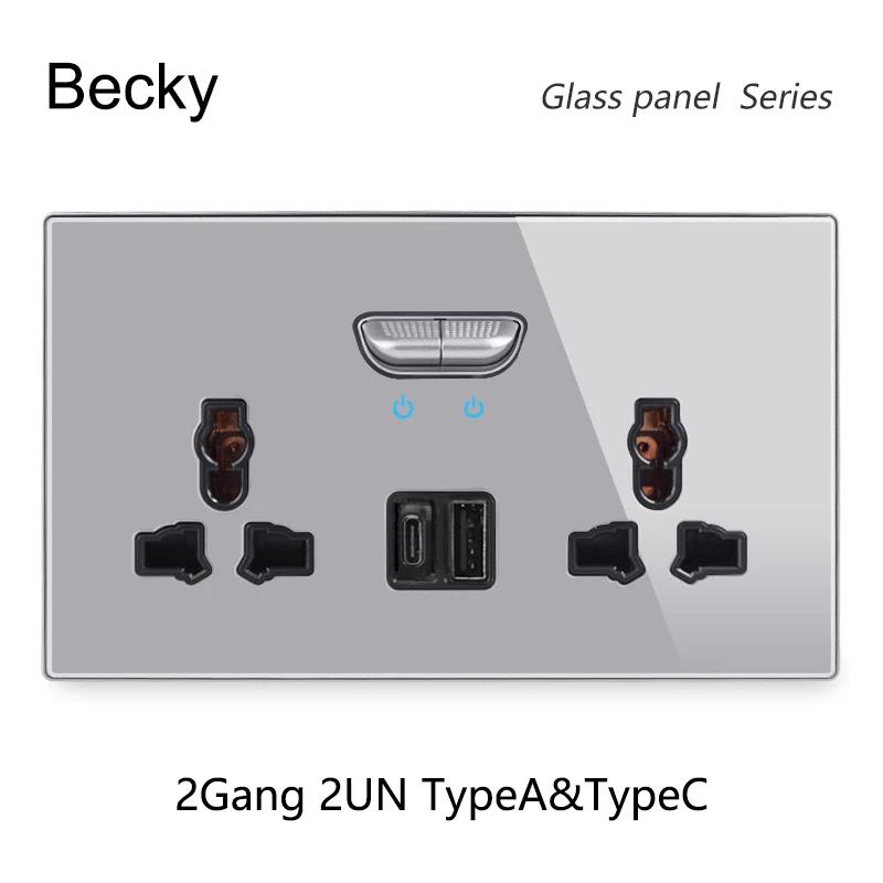 Graues gehärtetes Glas Wandschalterpanel LED Europäische 16A Steckdose Retro Kipplichtschalter EU UK Standard 2USB Steckdose 1-fach bis 4-fach