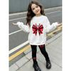 Girls' Red Plaid Bow Casual Comfortable Soft Loose Pullover Sweatshirt and Leggings 2-Piece Set, New Autumn/Winter, Playful, Sweet and Cool Style