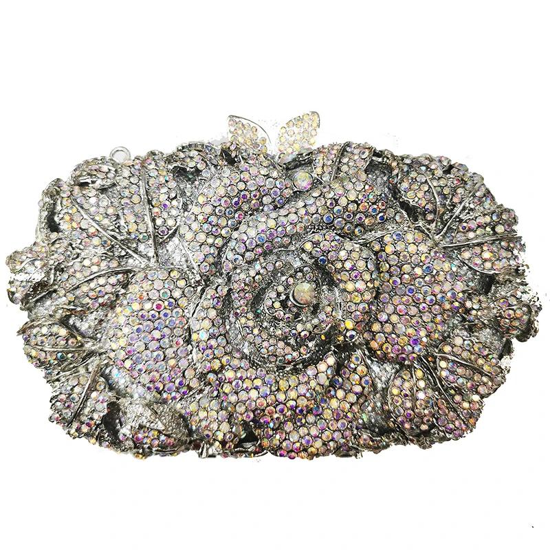 WHTUOHENG Blumenkristall Abendtaschen für Damen Diamant-Blumen-Metall-Party-Taschen Hochzeitsfeier Mädchen-Clutch Dinner-Handtaschen