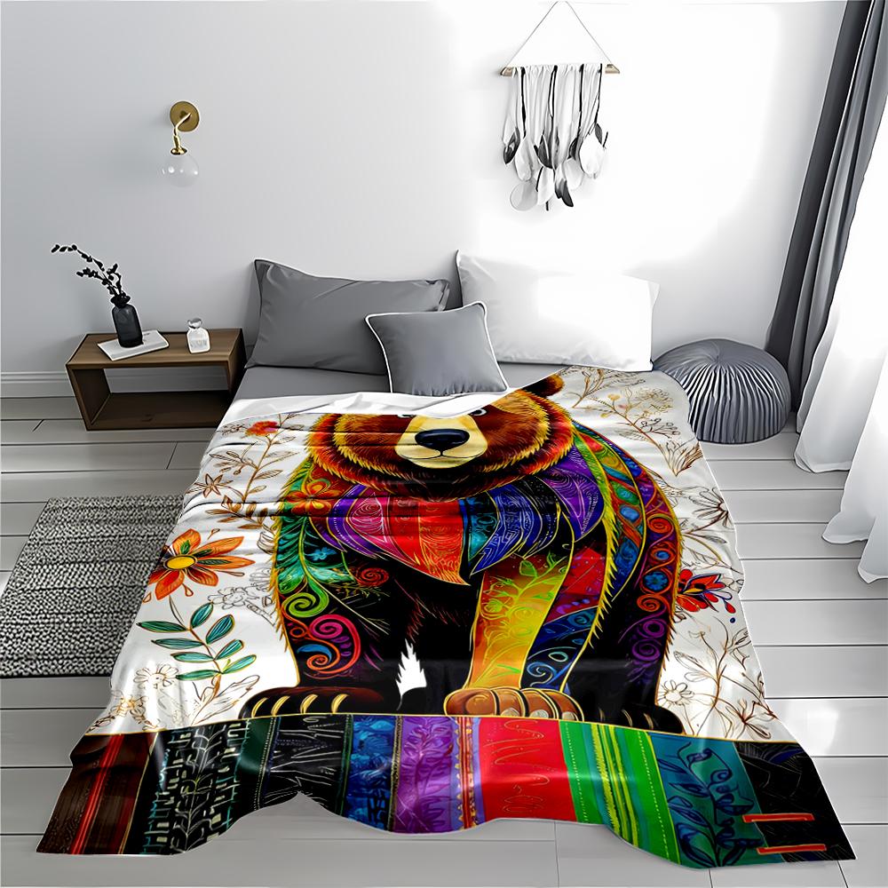 Colorful Bear Pattern blanket with Floral Design, Vibrant blanket, suitable for use in the bedroom, living room, on the sofa