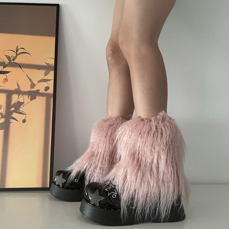 Fuzzy Faux Furs Leg Warmers Furs Heels Long Boots Cuffs Cover Has Elastic One Pair Carnivals Boot Cover Y2K JK Uniform