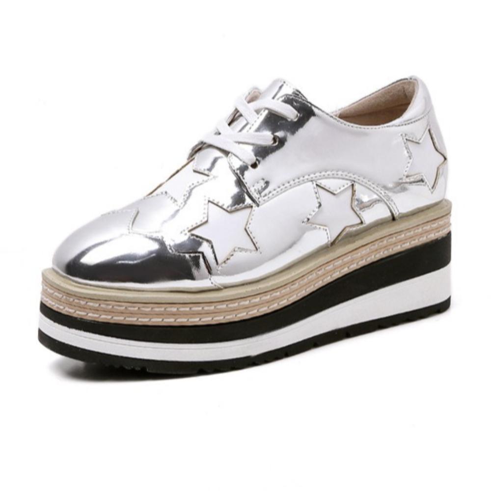 2026 Autumn Women Lace‑Up Wedge Platform Pumps, British Style Star Decor Striped Thick‑Sole Invisible Height‑Increase Waterproof Platform Casual Shoes