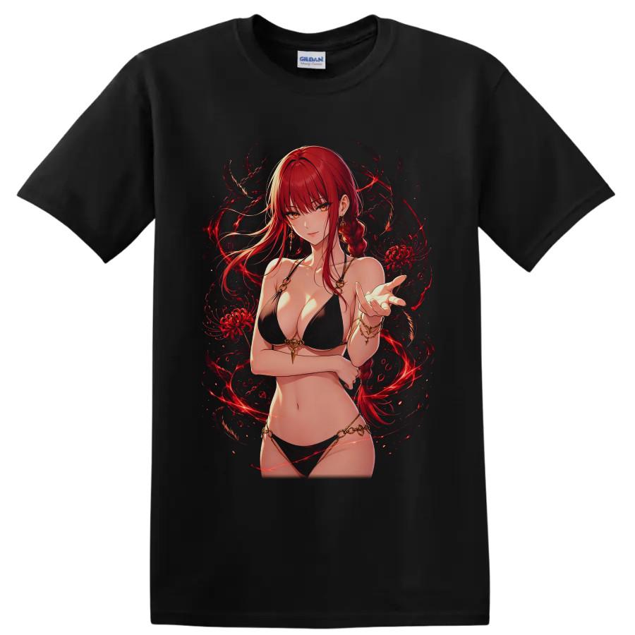 Anime Red Haired Woman T Shirt Black Bikini Floral Fantasy Graphic Tee Gift