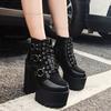 Women's Punk Nightclub High Heeled Boots Super High Heel 15CM Thick Platform Ankle Bootie Buckles Lace Up Women Boots Size35 42