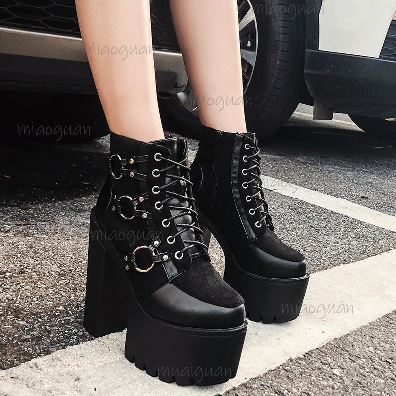 Women's Punk Nightclub High Heeled Boots Super High Heel 15CM Thick Platform Ankle Bootie Buckles Lace Up Women Boots Size35 42