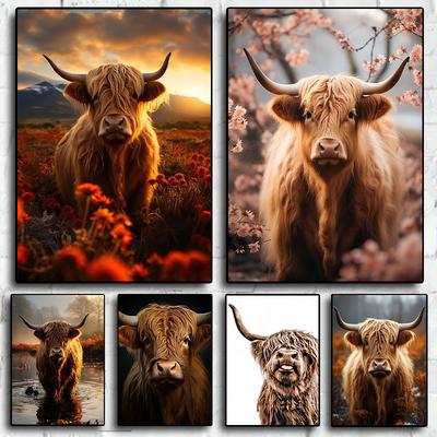 Scottish Highland Cow In Flowers Portrait Cute Wild Animals Poster Canvas Painting Wall Art Pictures Home Farmhouse Decor Gift