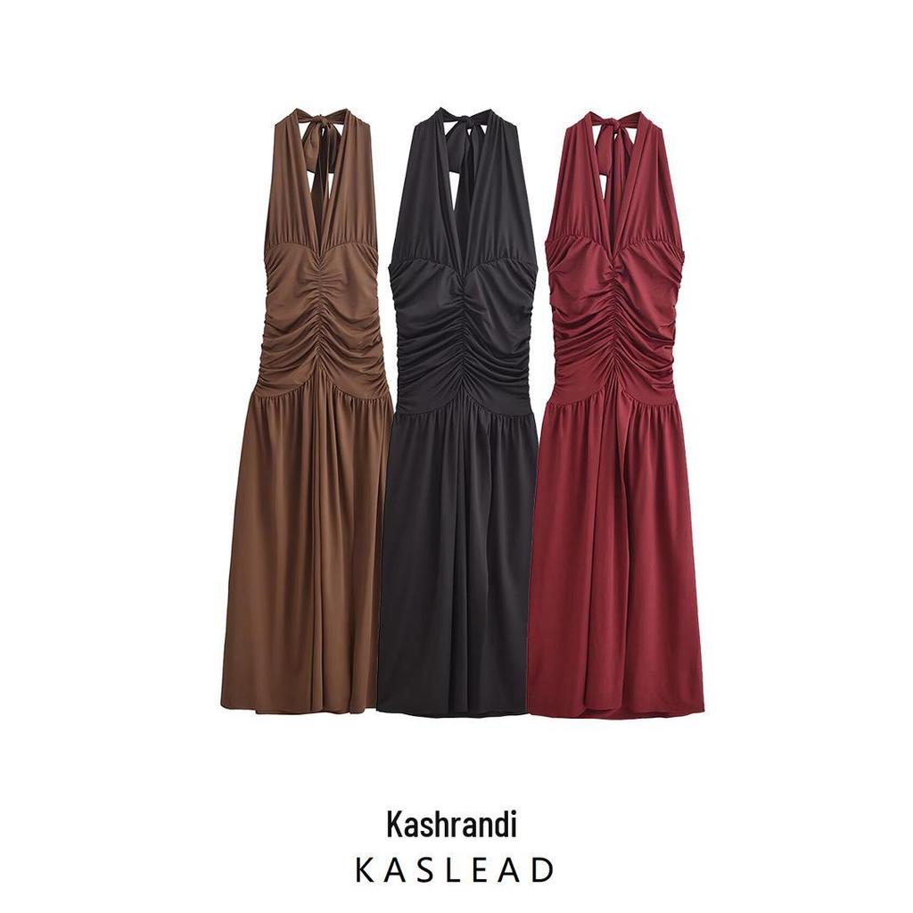 2024 Winter Women's European & American Style Halter Neck Waist-Hugging Dress