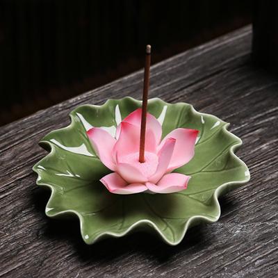 Ceramic Lotus Incense Stick Holder Decorative Water Lily Flower Leaf Base Incense Burner Yoga Meditation Temple Home Office Ornament