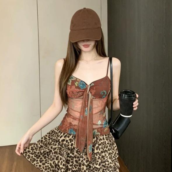 Niche Retro Plant Flower Print Mesh Sling Women's Summer New Vacation Sexy Slim Fit with Chest Pad Vest