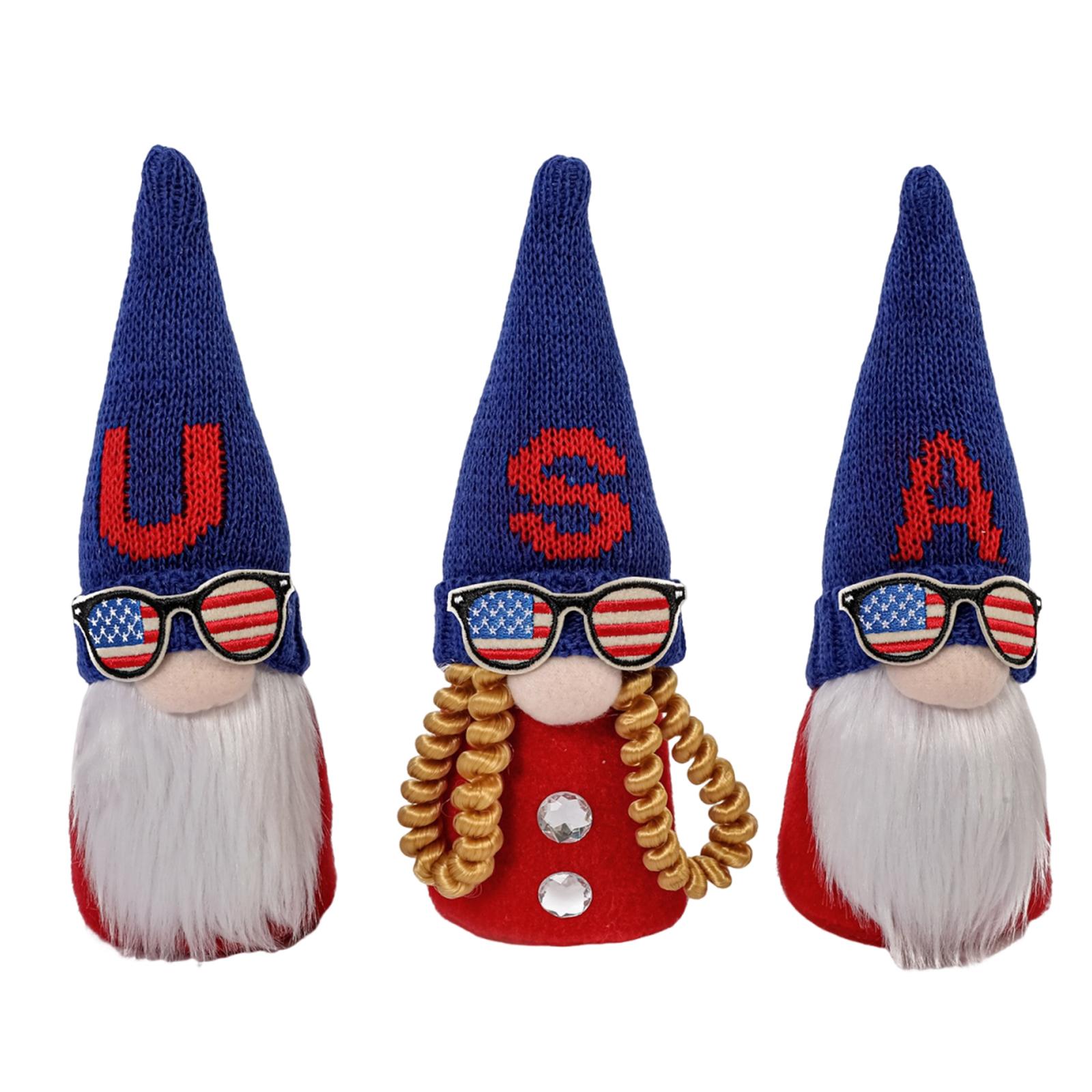 

Patriotic Gnome Plush Figurines Set of 3 with Knit Hats USA Letter Print and Decorative Sunglasses for Home Table Decor One Size