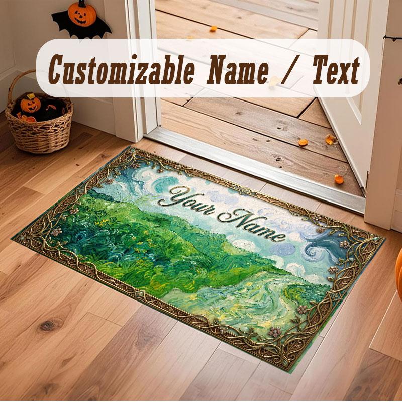 Mountain Landscape Theme Crystal Velvet Floor Rug Personalized Custom Name Text Warm Carpet Home Decoration