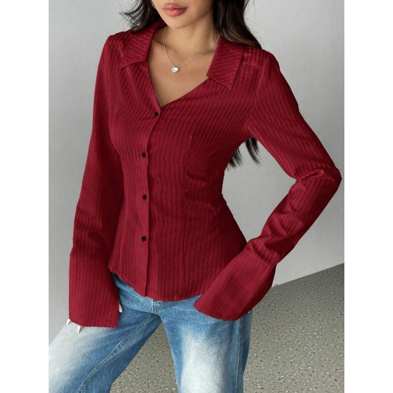 2026 Spring/Autumn Solid Color Asymmetrical Hem Long Sleeve Shirt Extra Large вино красного