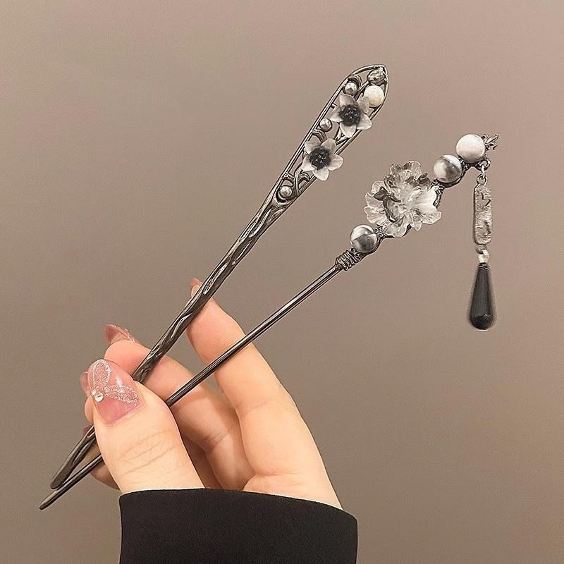 Chinese Court Style Flower Hairpin Ink Colored Flower Tassel Metal Hair Stick For Women Elegant Exquisite Jewelry Hair Accessory