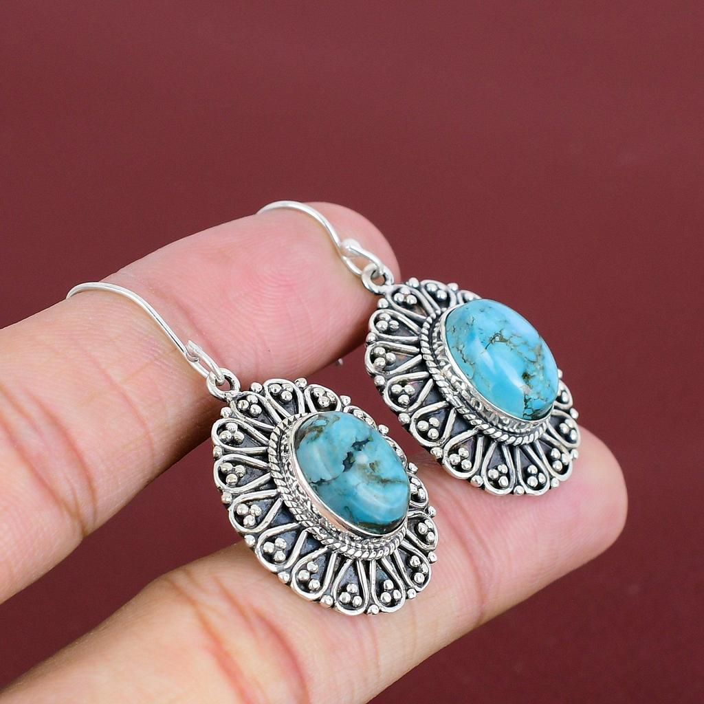 Türkis Ohrring Tibetisch 925 Sterling Silber Ohrring Handgefertigt Eleganter Schmuck Vintage Hängeohrring Echte Edelstein Ohrringe Geschenke für Ehefrau