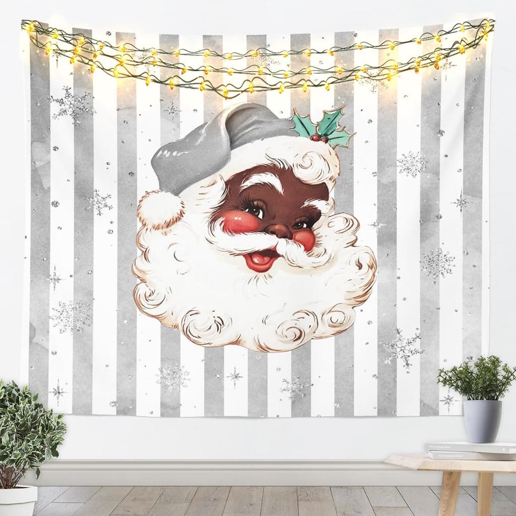 Black Santa Claus Tapestry Afro African American Wall Art Merry Christmas Wall Hanging Blanket for Living Room Bedroom Home