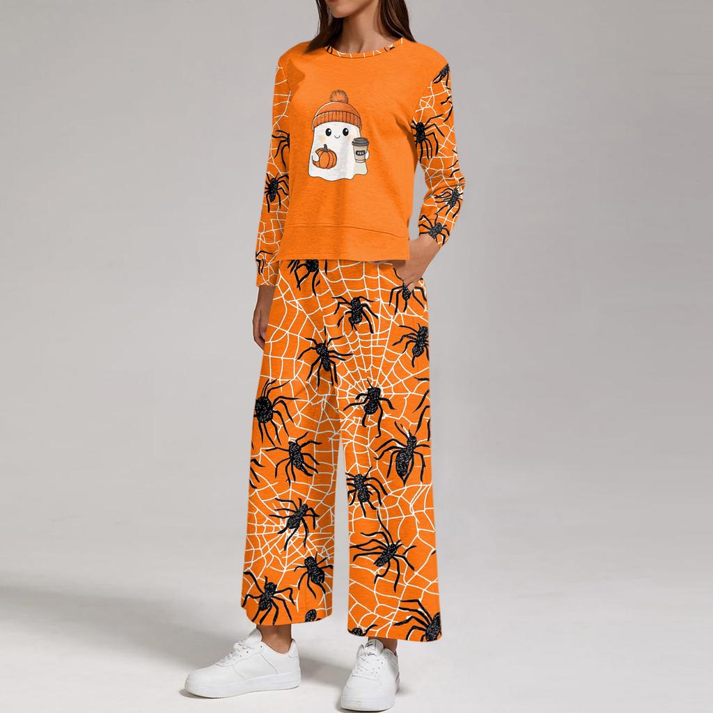 Women's Casual Round Neck Loose Fit Sweatshirt and Pants Set with Halloween Print Hem Slit for Halloween