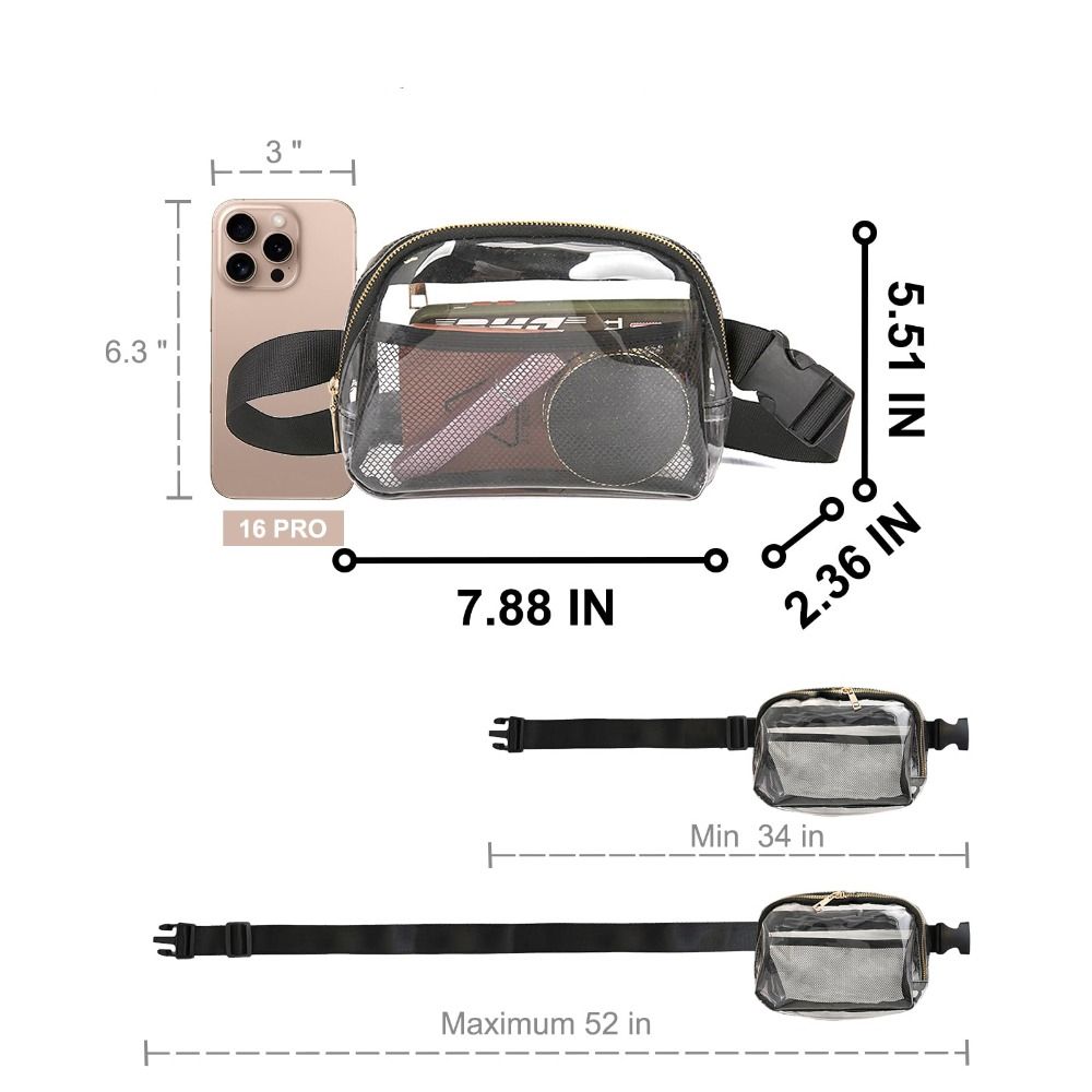 PVC Clear Fanny Pack Waterproof Lightweight Waist Bag with Adjustable Strap Transparent Stadium Crossbody Purse
