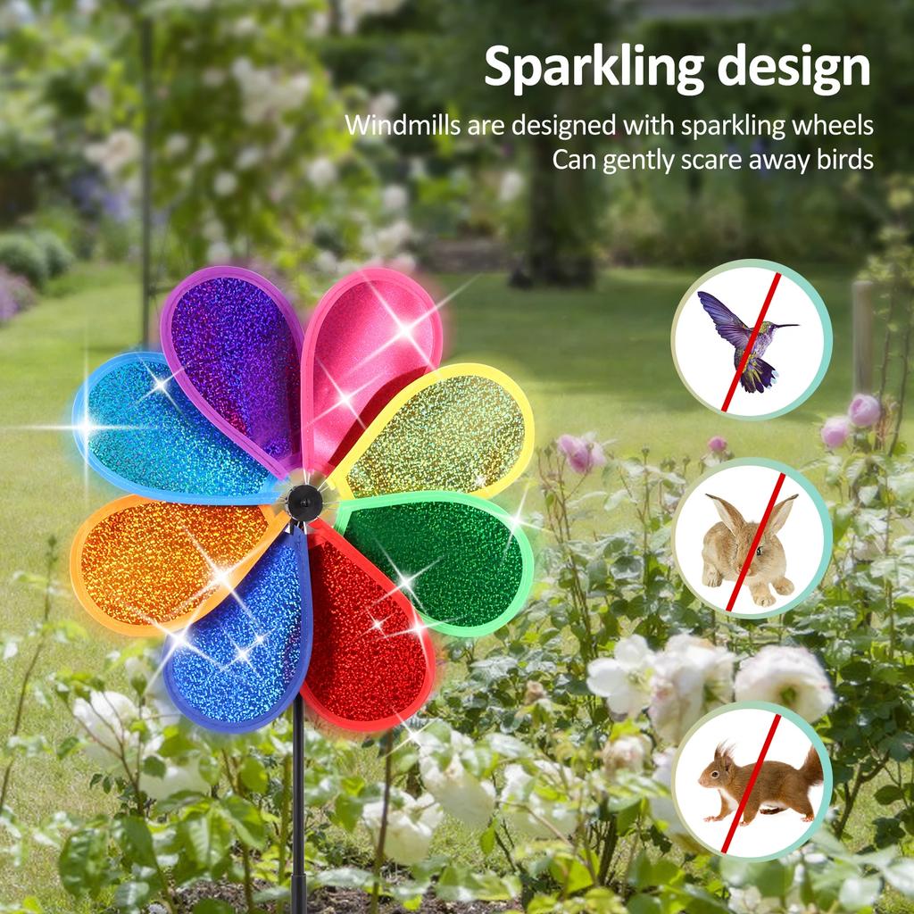 6Pcs Plastic Flower Wind Spinner Eight Leaf Bird Repellent Pinwheel Fade Resistant Sparkly Pinwheel Eye Catching for Yard Garden