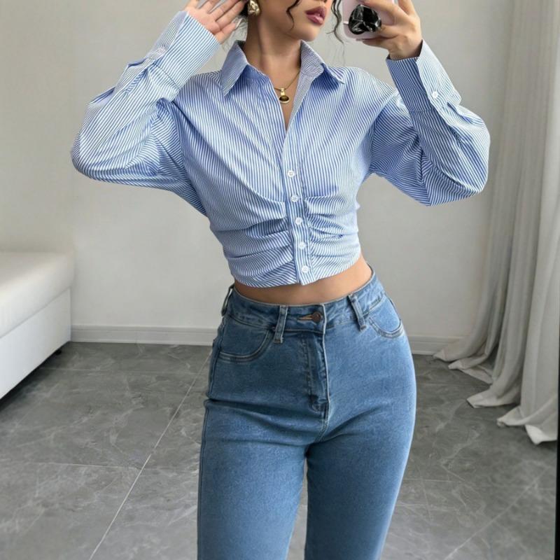 Women Striped Cropped Button Down Shirt Long Sleeve Ruched Waist Blouse S синий