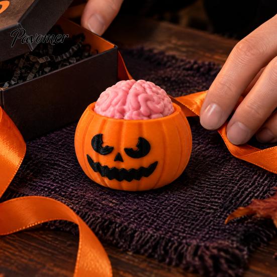 3D Printed Novelty Gift Halloween Pumpkin Stress Relief Toy, Sensory Fidget Realistic PLA Material Toy Soft Rebound Brain Shape Squeeze for