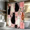 Cute Cat Pattern Shower Curtain, Pink Background Black White Kitten Waterproof Bath Curtain, Pet Lover Bathroom Decor