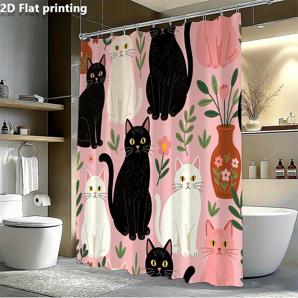 Cute Cat Pattern Shower Curtain, Pink Background Black White Kitten Waterproof Bath Curtain, Pet Lover Bathroom Decor