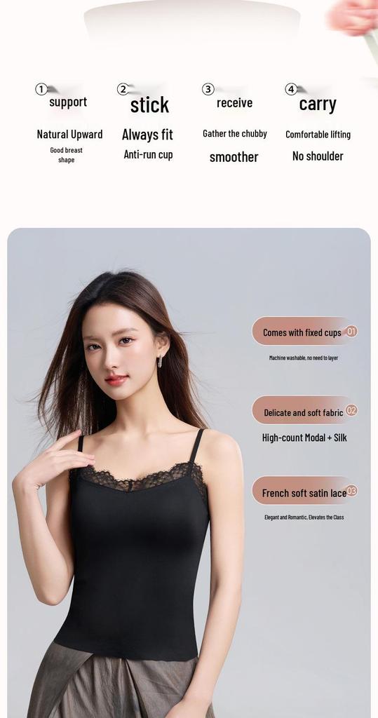 French Lace Camisole Tank Top with Chest Pads, No Bra Needed, Slimming Base Layer.