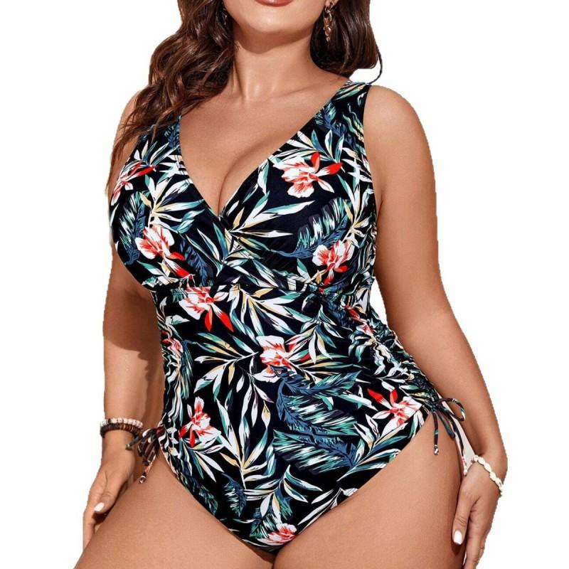 Plus Size Full Coverage Swimsuit With Print Tummy Control Wire-Free Padded Bodysuit Women