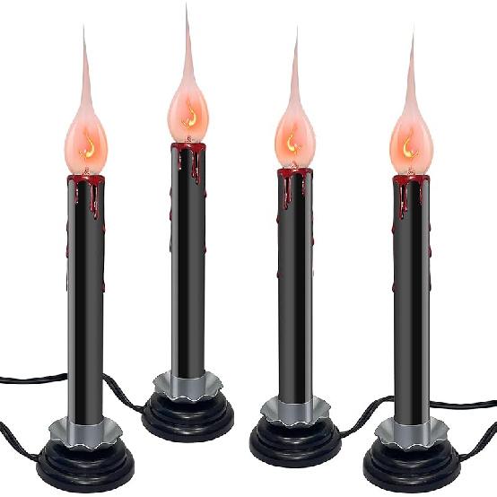 SUNSGNE Set of 4 Electric Window Candles, 7 Inch Plug in Window Candle Lamps with 7 Watt C26 Bulbs, Electric Candles with Black Wood Plum Iron Base,