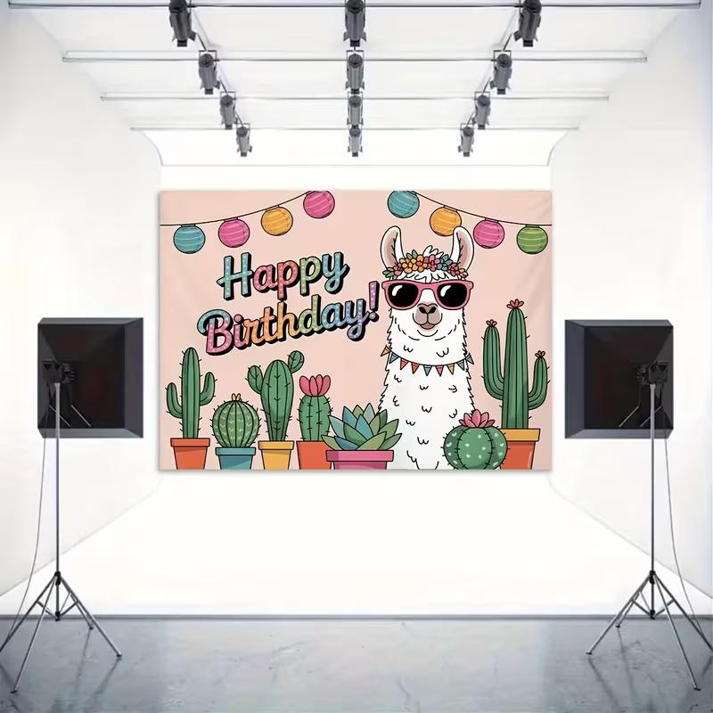 2D Cartoon Alpaca Happy Birthday Backdrop with Sunglasses & Cacti