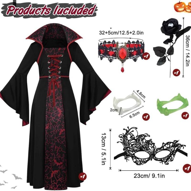 New Halloween children's costume witch costume medieval retro lace-up collar horn sleeve print dress