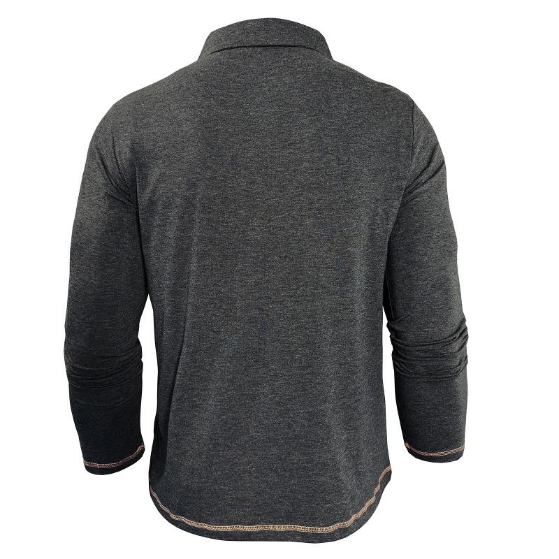 Men Casual Heathered Long Sleeve Polo Shirt with Pocket and Contrast Trim
