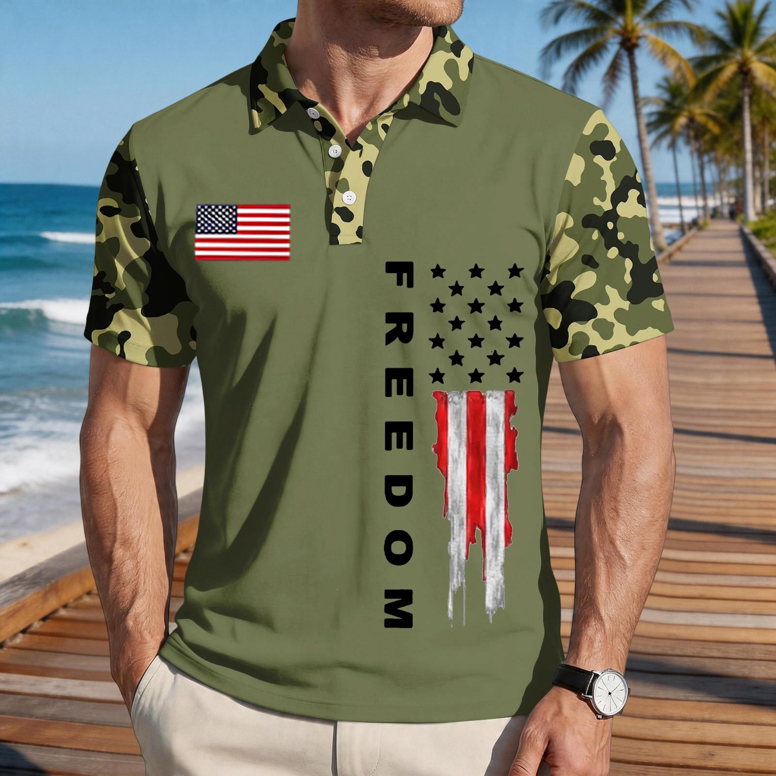 

Men s Loose Fit Casual Short Sleeve Polo Shirt with Digital Camouflage Sleeves and Flag Graphic Print Front Button Collar L