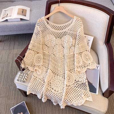 DIMANAF 2025 New T-Shirt Women Knitting Lace Long Beach Holiday Hollow Bat Summer Style Basic Tops Tees Loose Clothing