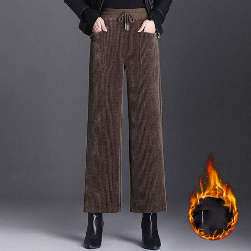 Winter Neue Frauen Einfarbig Mode Elastische Taille Gerade Hosen Frauen High Street Casual Taschen Patchwork Kordelzug Dicke Hose