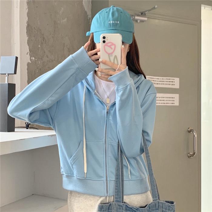 Chic Hong Kong Style Women's Zipper Hoodie - Spring/Autumn 2023, Thin & Short for Petite Frame, Versatile Cardigan
