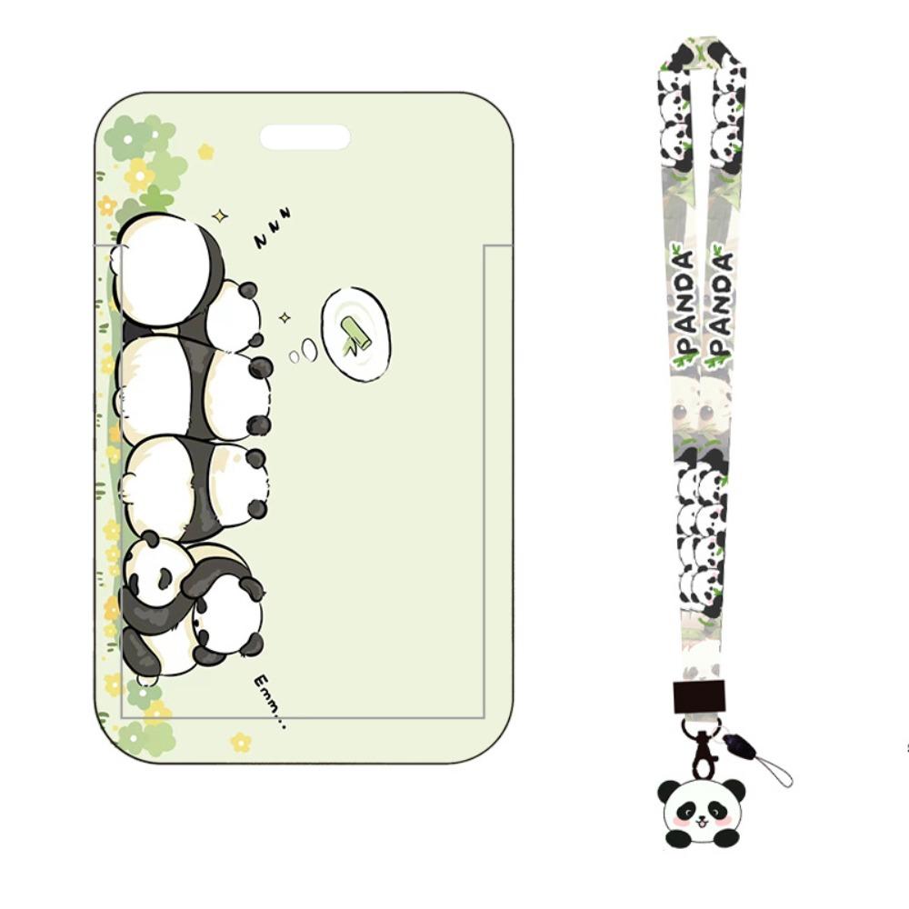 New Panda Printing Plastic Card Holder with Long Lanyard Anti Loss Hard Card Sleeve Slide Card Case