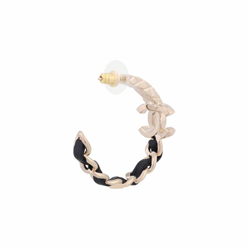 CHANEL Logo Metal Calfskin Rhinestone Earrings Women's Black/Gold